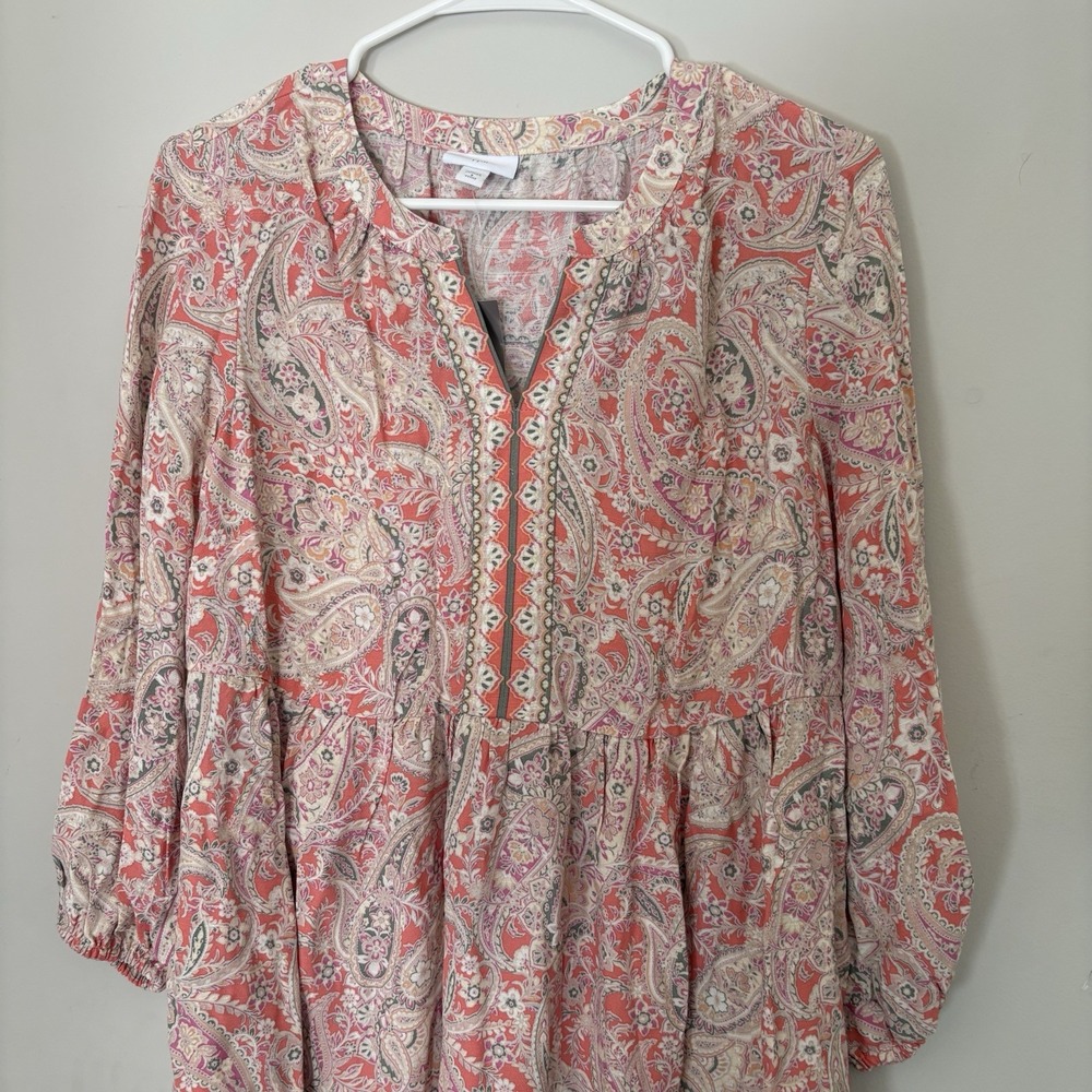 Womens Dress-J. JILL-pink/beige paisley rayon BOHO Peasant Cottagecore-S NWT